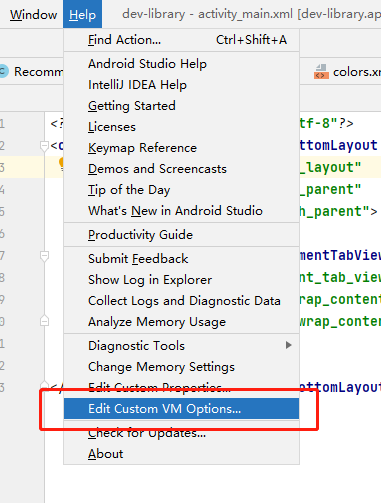 android studio Edit Custom vm options...