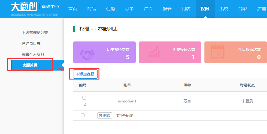 商家客服管理页面