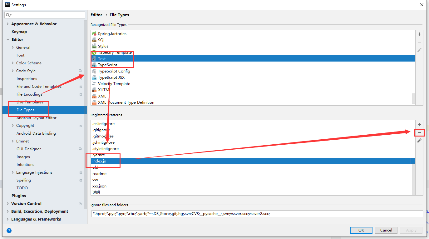 去掉文本编辑器设置RegisteredPatterns中的index.js